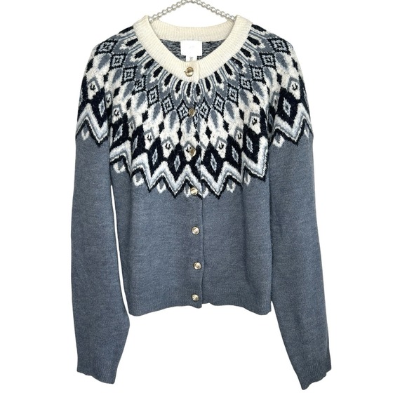 H&M Fair Isle Crew Neck Cardigan Small Wool Blend Preppy Old Money Heritage - Picture 1 of 9
